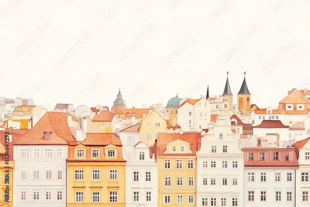 Minimal Prague City landscape, background of traditional Burnt Orange, yellow and white neighborhood buildings, graphic art Minimal Prague City landscape, background of traditional Burnt Orange, yellow and white neighborhood buildings, graphic art