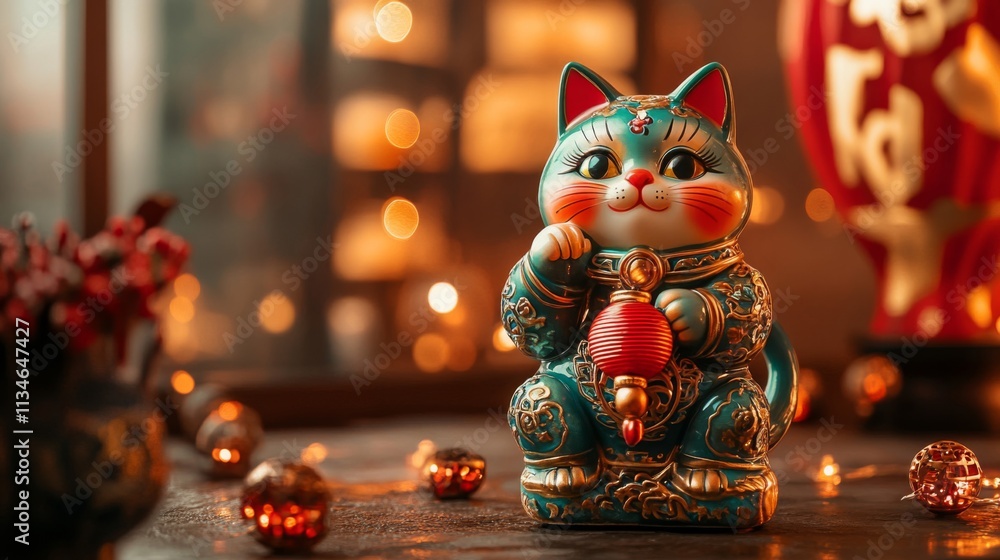 Ornate Teal Maneki Neko Figurine Festive Decor Ornate Teal Maneki Neko Figurine Festive Decor