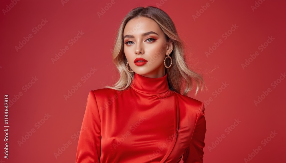 Vision, fashion and a model woman on a red studio background for elegant or trendy style. Aesthetic Vision, fashion and a model woman on a red studio background for elegant or trendy style. Aesthetic