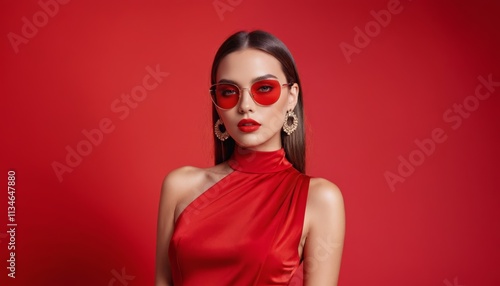 Vision, fashion and a model woman on a red studio background for elegant or trendy style. Aesthetic