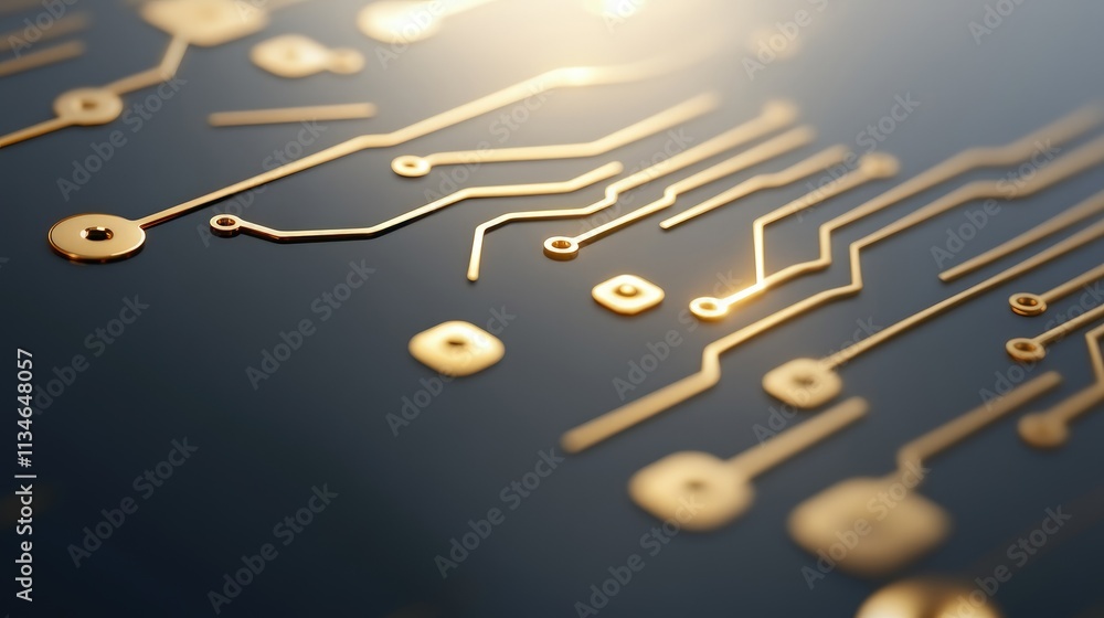 Close-up of golden circuit board with intricate pathways and connectors. Close-up of golden circuit board with intricate pathways and connectors.