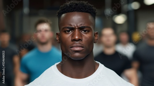 Focused man in a gym setting with blurred background figures