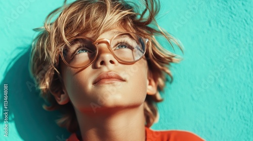 A young boy looks up against a bright turquoise background, wearing trendy brown glasses and an orange shirt, expressing curiosity and contemplation.