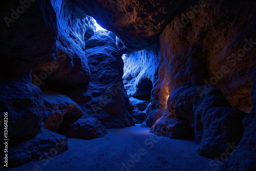 Cave interior with rocky terrain and blue light photo