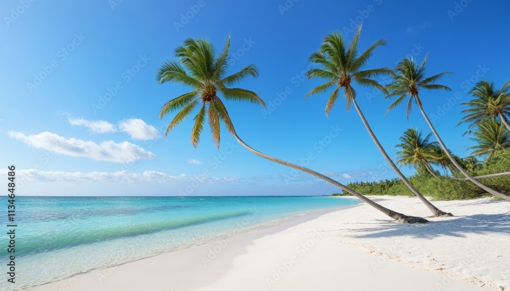White sandy beach with gently swaying palm trees and turquoise waves under a bright, cloudless sky White sandy beach with gently swaying palm trees and turquoise waves under a bright, cloudless sky