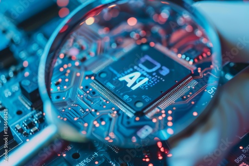 Close-up View of Microchip with AI Marking Under Magnifying Glass, Showcasing Advanced Technology and Circuitry in Bright Neon Colors and Intricate Design photo