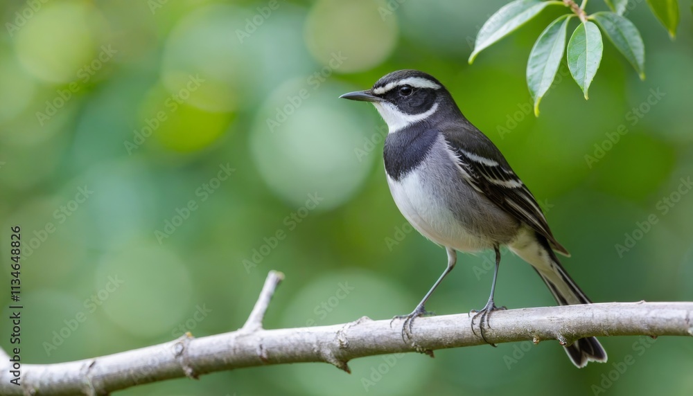 White-browed wagtail perched on a branch with a blurred green background White-browed wagtail perched on a branch with a blurred green background