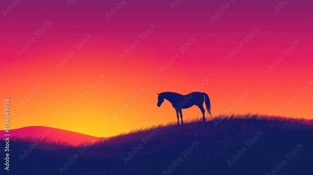 Silhouette of a horse against a vibrant sunset nature scene tranquil landscape outdoor view Silhouette of a horse against a vibrant sunset nature scene tranquil landscape outdoor view
