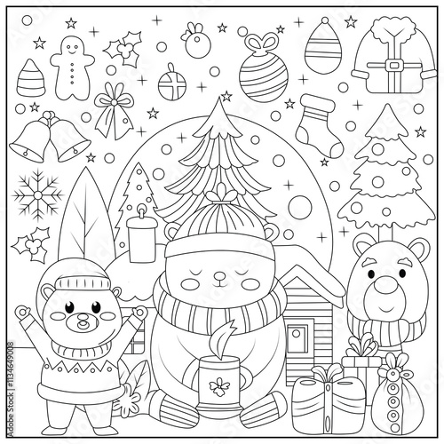 Christmas Hygge cute and cozy coloring book for kids and adults. Cozy Christmas Cats Holiday Coloring Book for children. photo