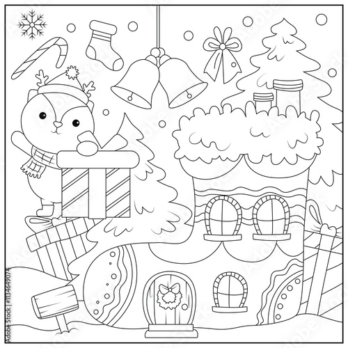 Christmas Hygge cute and cozy coloring book for kids and adults. Cozy Christmas Cats Holiday Coloring Book for children. photo