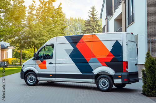 White delivery van with colorful customizable wrap parked near modern residential buildings in a suburban area, showcasing branding and logistics