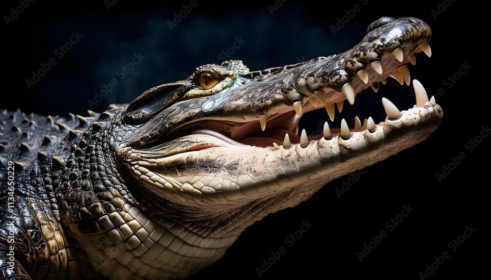 Obraz premium Crocodile close-up, wildlife portrait, intense gaze, scaly texture, sharp teeth, reptile macro