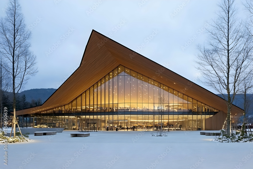 Illuminated Wooden Modern Building in Winter Illuminated Wooden Modern Building in Winter