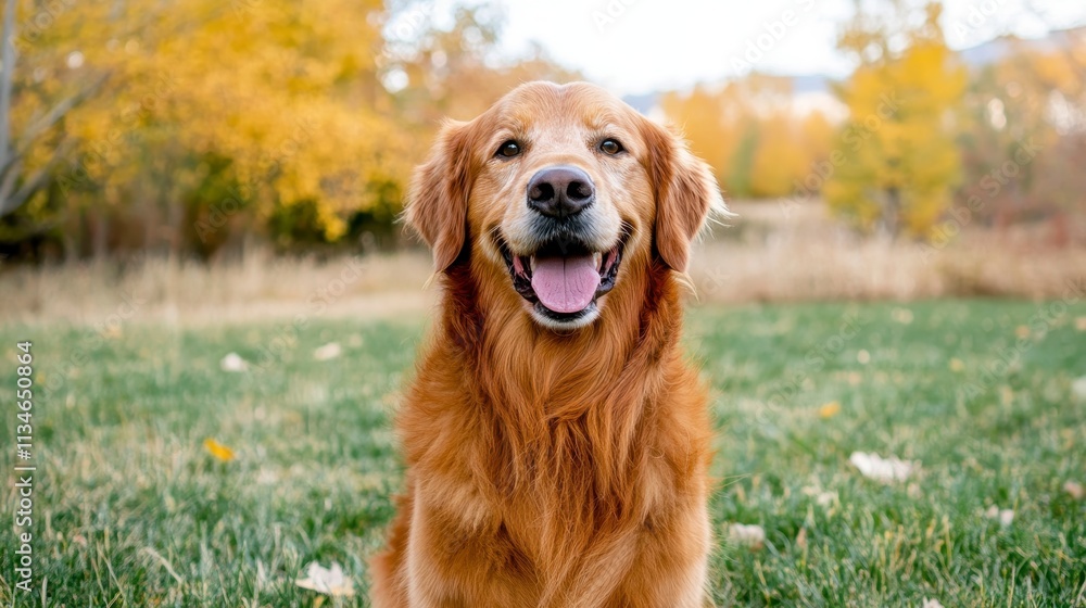 Happy golden retriever sitting in autumn park Happy golden retriever sitting in autumn park