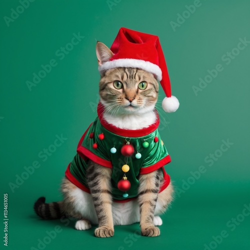 Cat in a Christmas tree costume on a green background