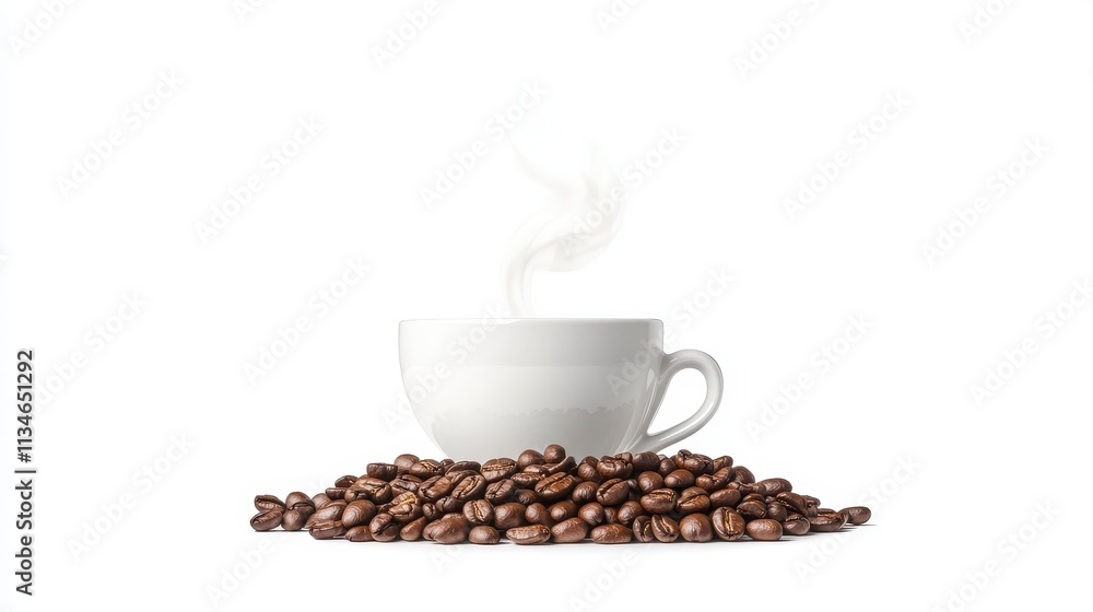 Steaming cup of coffee surrounded by roasted beans Steaming cup of coffee surrounded by roasted beans