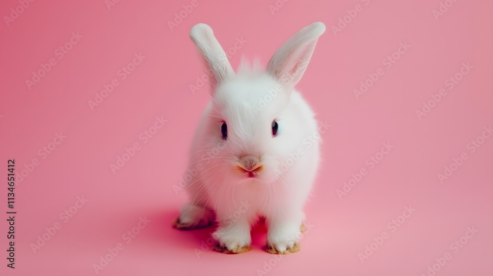 Adorable White Rabbit Sitting on Pink Background with Fluffy Fur Adorable White Rabbit Sitting on Pink Background with Fluffy Fur