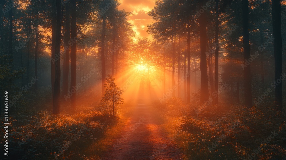 Obraz premium A serene forest at sunset, with rays of light filtering through the trees and illuminating the path.