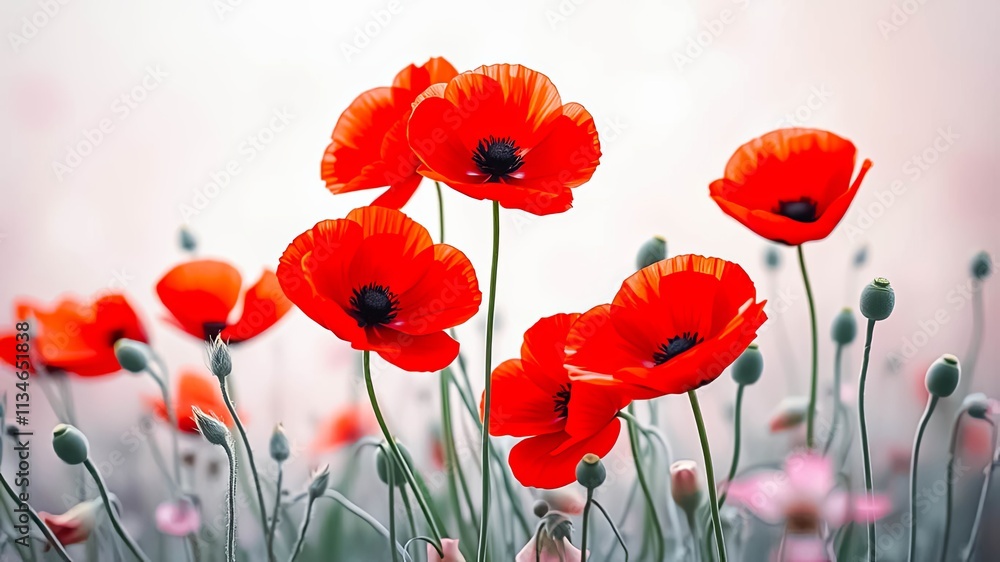 Fototapeta premium Vibrant Red Poppies in a Field of Delicate Buds and Soft Hues