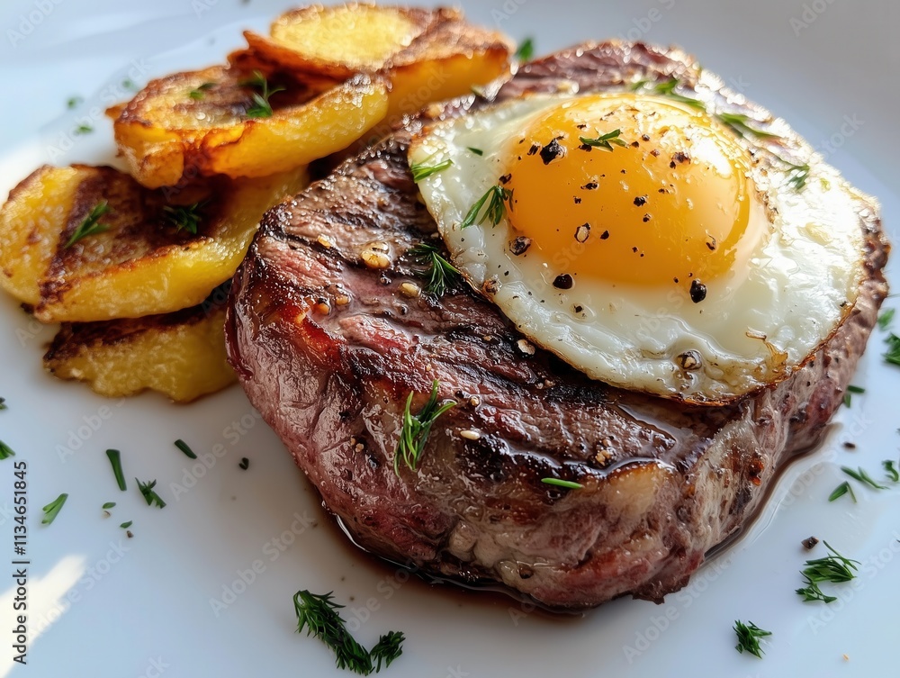 Grilled Steak with Sunny Side Up Egg - Gourmet Food Photography Grilled Steak with Sunny Side Up Egg - Gourmet Food Photography
