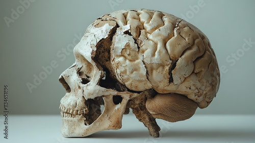 A detailed representation showcases the effects of brain rot and degradation, highlighting conditions like dementia and their impact on cognitive function and health photo