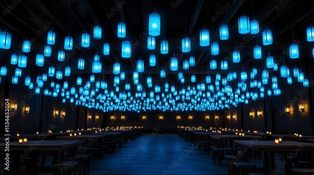 Enchanting dining hall with illuminated lanterns Enchanting dining hall with illuminated lanterns