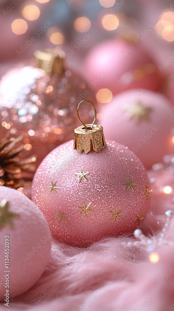 Pink Glitter Christmas Ornaments, Festive Background Pink Glitter Christmas Ornaments, Festive Background