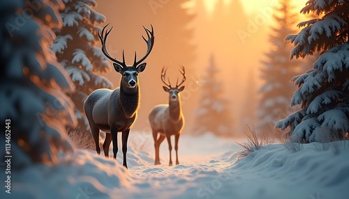 Serene Winter Wonderland with Snowfall, Majestic Deer, Snow-Covered Trees, and Festive Golden Light