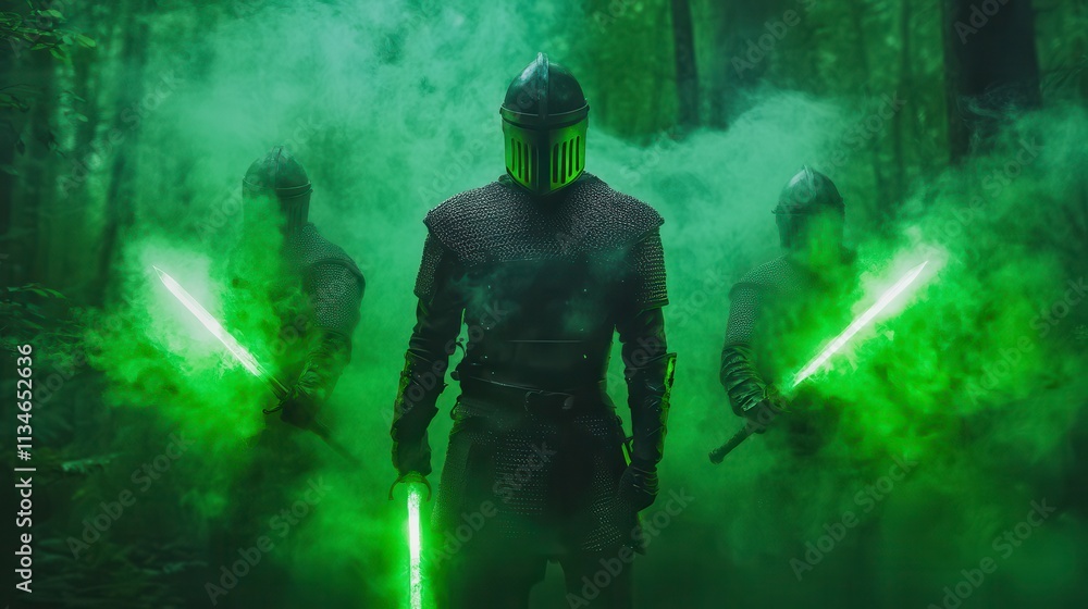 Mystical knights in a foggy enchanted forest Mystical knights in a foggy enchanted forest