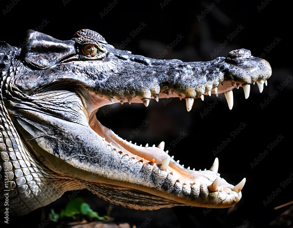 Obraz premium Crocodile Close-Up. Close-up view of a crocodile's open mouth with visible teeth