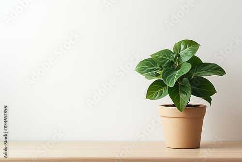 Wallpaper Mural A bright minimalist workspace with a single green plant, a light wooden desk, and a white background Torontodigital.ca