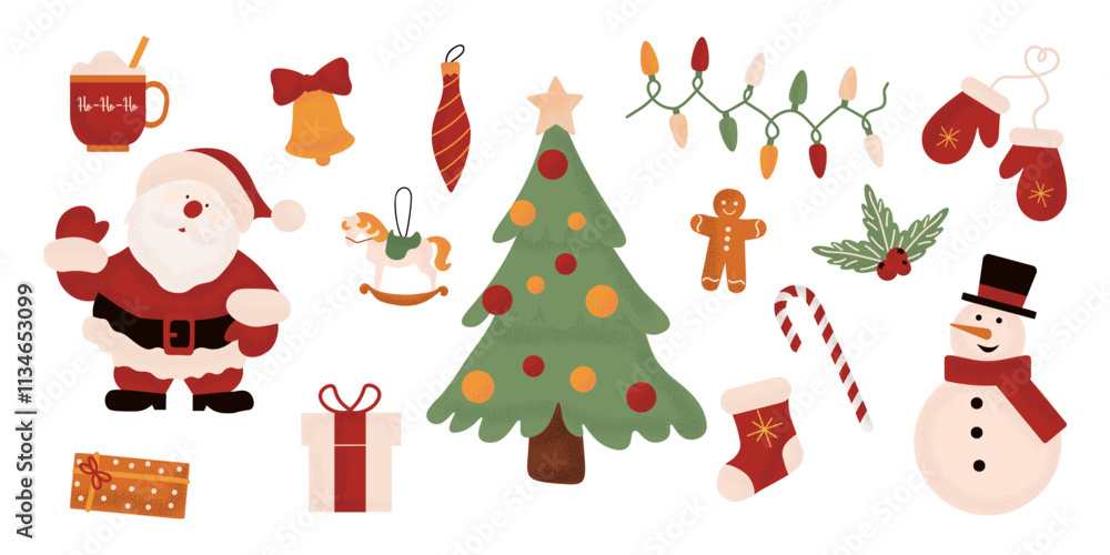 Set of holiday Christmas design elements. Collection of beautiful decorative elements with Santa, presents, fur tree, wreaths Set of holiday Christmas design elements. Collection of beautiful decorative elements with Santa, presents, fur tree, wreaths