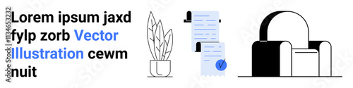 Text next to a potted plant, stack of documents with a checkmark, and a cozy armchair. Ideal for home office, productivity apps, interior design, work-from-home guides, office decor, task management