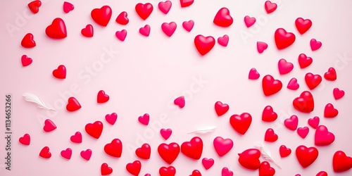 Romantic Pink Background with Scattered Hearts and Feathers