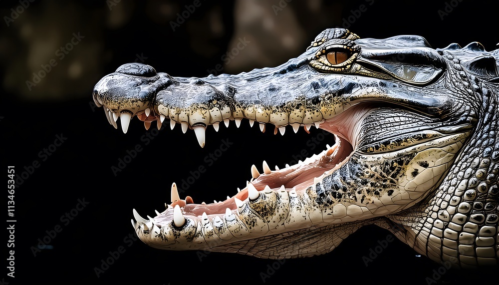 Crocodile Close-Up. Close-up view of a crocodile's open mouth with visible teeth Crocodile Close-Up. Close-up view of a crocodile's open mouth with visible teeth