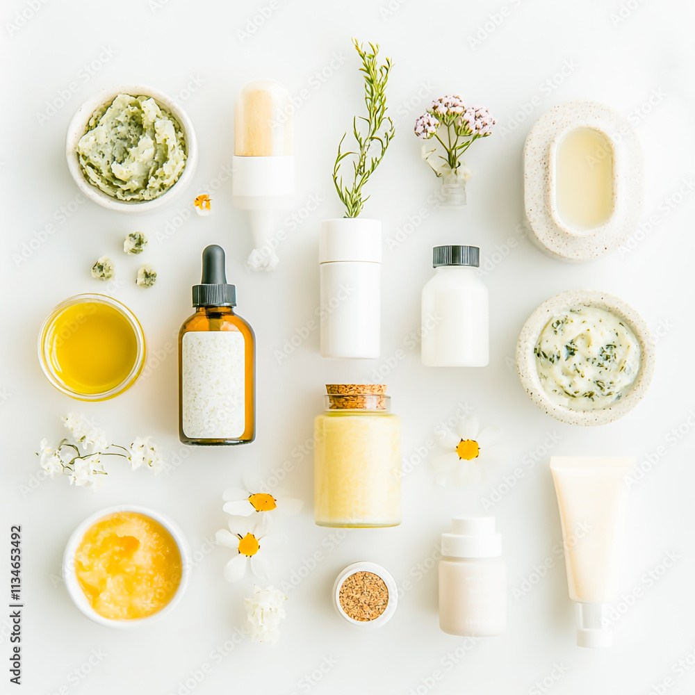 Stylish flat lay arrangement featuring a variety of body care products, including lotions, scrubs, and oils, with ample space for personalized text on a clean white background Stylish flat lay arrangement featuring a variety of body care products, including lotions, scrubs, and oils, with ample space for personalized text on a clean white background