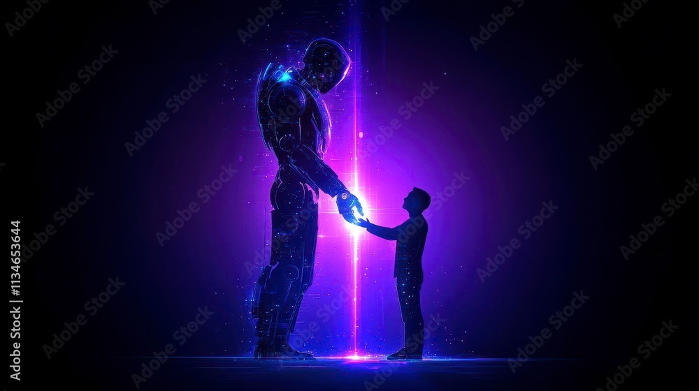 Child meets robot in a digital light glow Child meets robot in a digital light glow