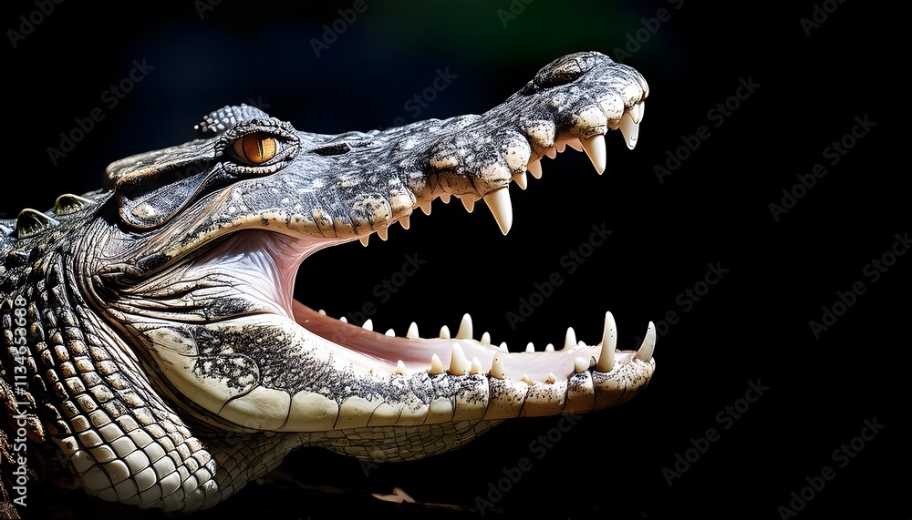 Fototapeta premium Crocodile Close-Up. Close-up view of a crocodile's open mouth with visible teeth