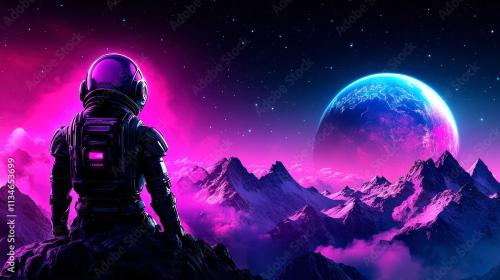 Astronaut gazing at a vibrant alien landscape Astronaut gazing at a vibrant alien landscape
