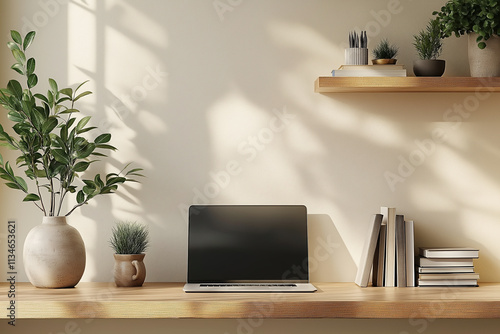 A minimal office shelf holding a laptop, a small stack of books, and a decorative plant, set against a neutral background