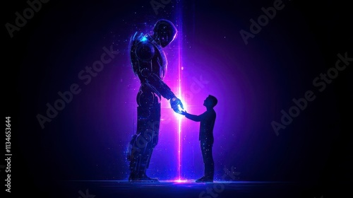 Child meets robot in a digital light glow