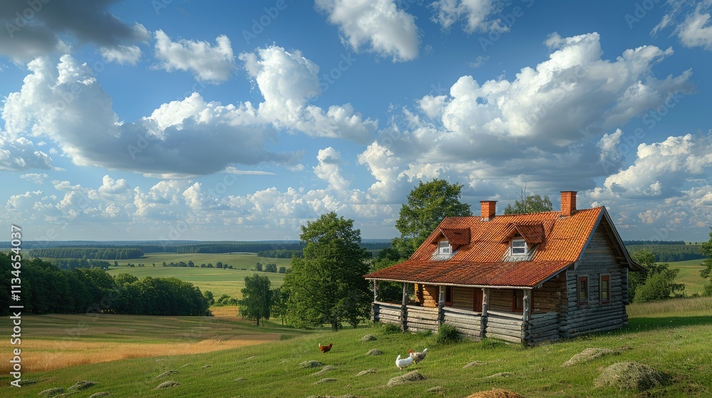 Fototapeta premium A rustic wooden house on a hillside with a scenic landscape and clouds.