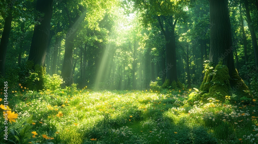Fototapeta premium A serene forest scene with sunlight filtering through trees, illuminating a flower-filled meadow.