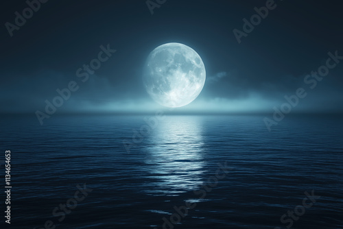 A serene image of a full moon rising over a calm ocean, with gentle reflections on the water photo