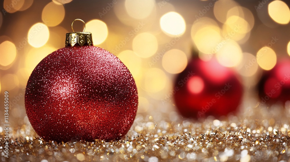 Red Glitter Christmas Ornament, Gold Bokeh Red Glitter Christmas Ornament, Gold Bokeh