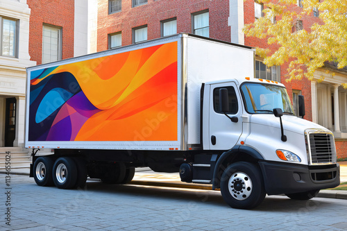 White delivery truck showcasing a customizable side panel design with vibrant orange and purple abstract pattern, parked on a city street photo