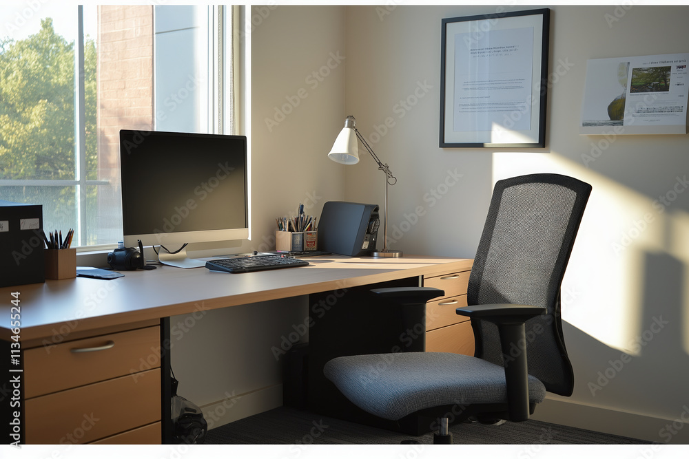 A sleek office space with a white table, a chair, and a single desk lamp, surrounded by minimal decor A sleek office space with a white table, a chair, and a single desk lamp, surrounded by minimal decor
