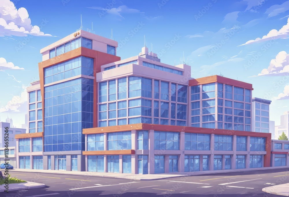 Obraz premium Modern glass and concrete office building under a bright blue sky with fluffy clouds, vector art style background