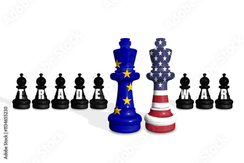 Chess made from US and EU flags on a white background with word TRADE WAR photo