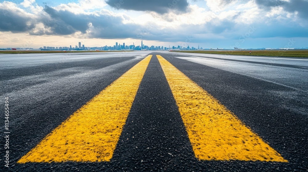 Naklejka premium Airport Runway Leading To City Skyline